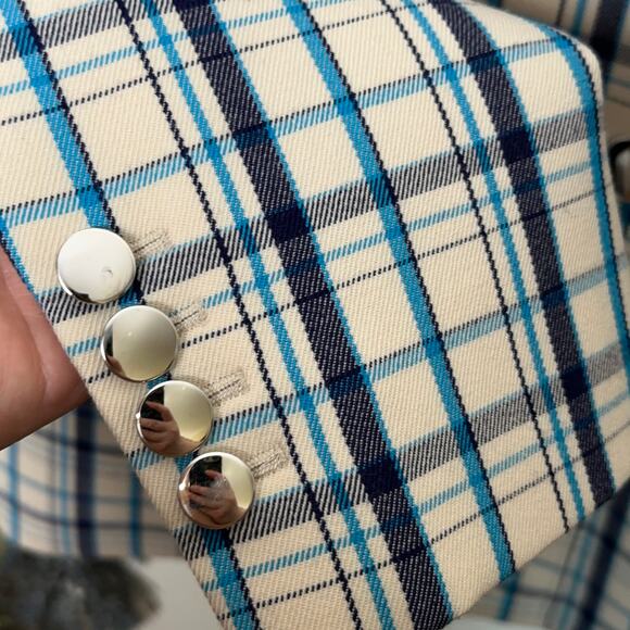 PRADA Double Breasted Gabardine Check Plaid Blazer Jacket Azzuro Blue Cream 2019 - Picture 9 of 12